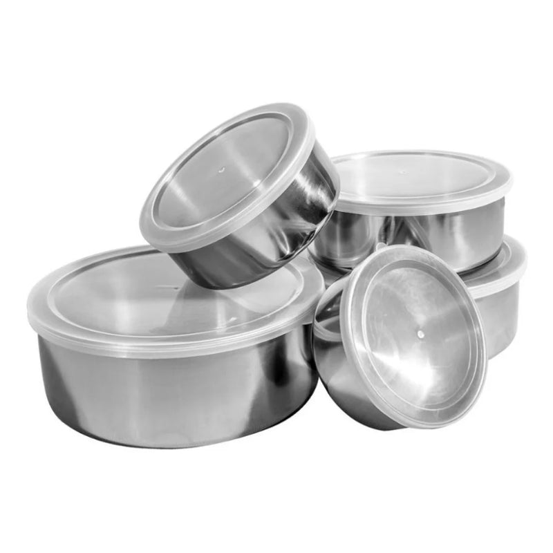 Jogo 5 Potes Tigelas em Inox Alumínio Com Tampa Redondo