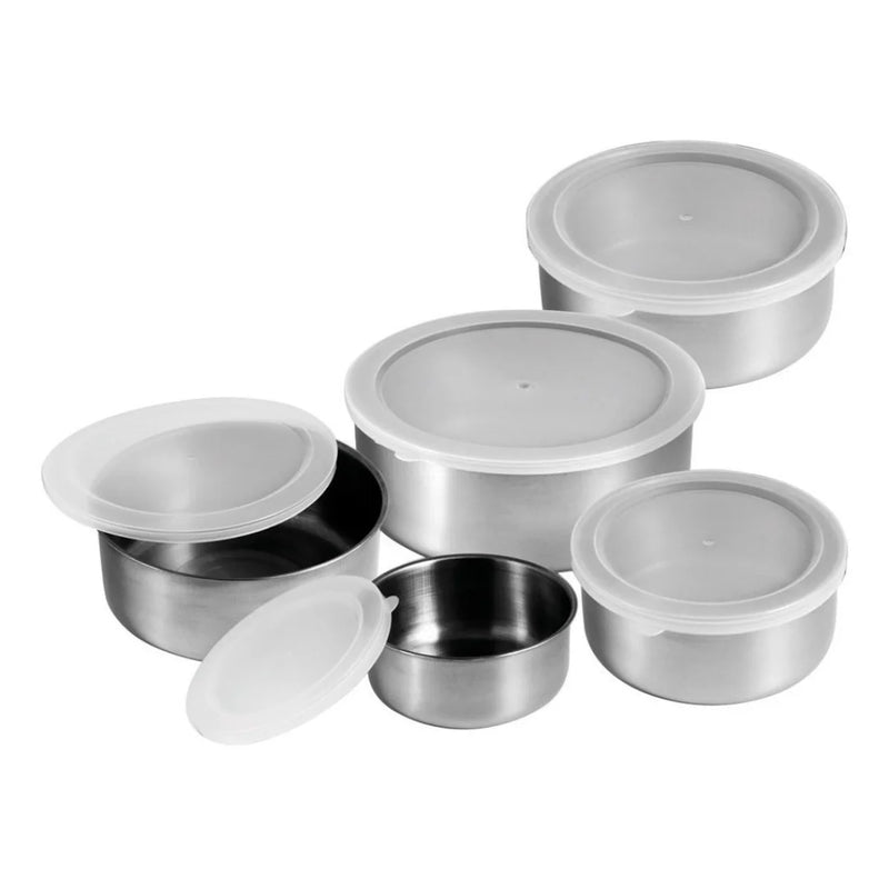 Jogo 5 Potes Tigelas em Inox Alumínio Com Tampa Redondo