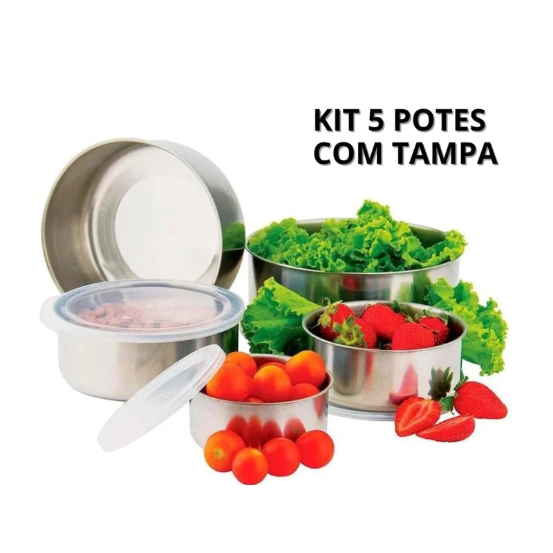 Jogo 5 Potes Tigelas em Inox Alumínio Com Tampa Redondo